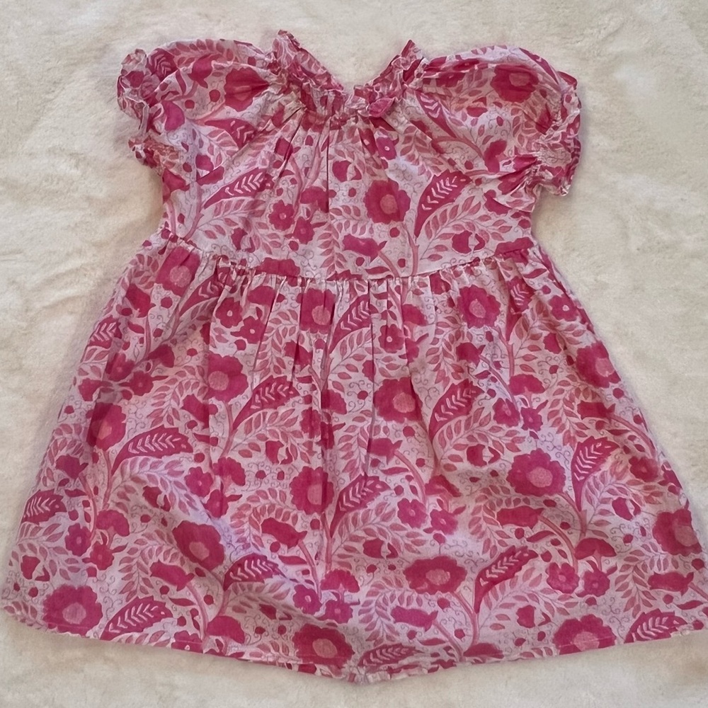 Pink and White Linen Floral Dress-featuring a high ruffle neckline